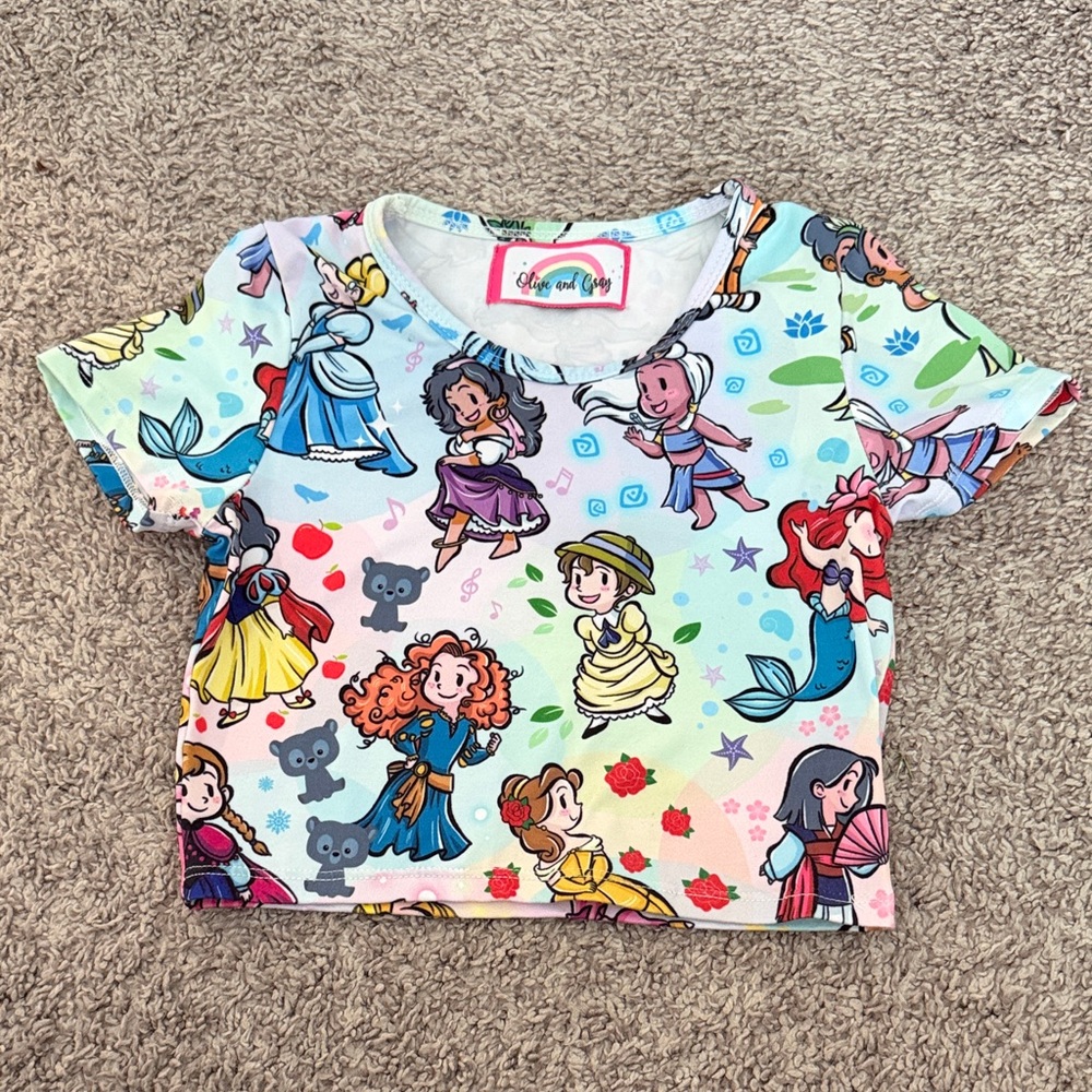Colorful Character Print Kids Short Sleeve Disney princess inspired crop tee